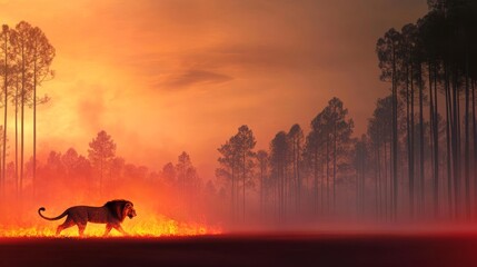Fiery Lion in the Forest - Majestic lion walks through a burning forest at sunset. Symbolizing power, nature, destruction, resilience, and rebirth.