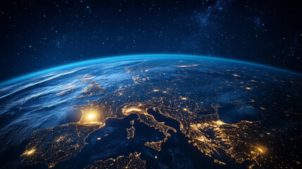 Obraz premium A telecommunications satellite operating in low Earth orbit above Europe facilitates global internet connectivity and high-speed data transmission, advancing worldwide communication technology