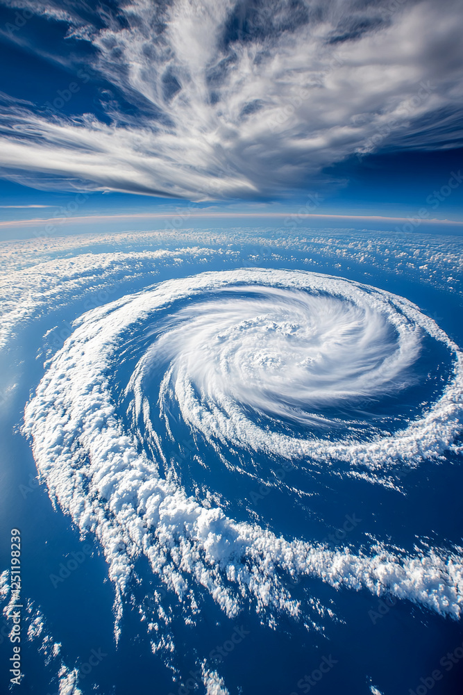 Poster aerial view of a swirling spiral of clouds over the ocean, showcasing the dynamic and powerful force