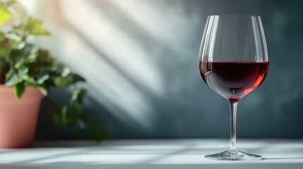 A charming red wine glass reflects light and casts intricate shadows on a table, exuding elegance and inviting the viewer to indulge in rich flavors and moments.