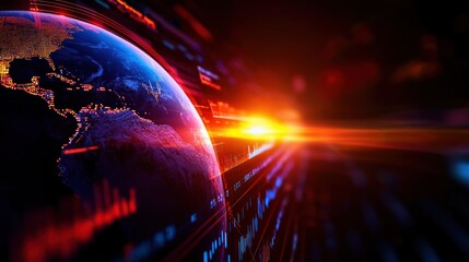 Global network data stream, night lights, world map