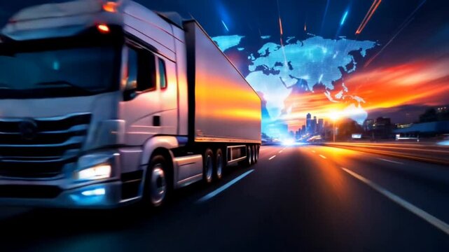 A modern cargo truck driving on a highway at sunset with a glowing world map and cityscape, representing global logistics, transportation, and international trade.  
