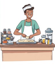 In the warm and inviting flat illustration, a baker is seen kneading dough on a wooden counter, surrounded by baking ingredients.