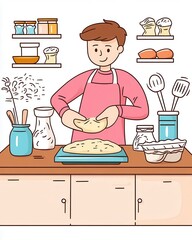 A baker kneading dough on a wooden counter, surrounded by baking ingredients, drawn in a warm and inviting flat illustration.