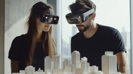 In a high-tech office, male and female architects wearing augmented reality headsets collaborate on a 3D city model using advanced virtual reality modeling software