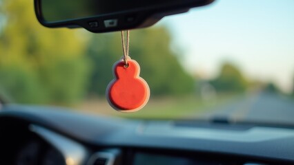 A novelty air freshener shaped like a gourd hangs from a car's rearview mirror, with a blurred road and greenery in the background.
