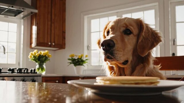 A fluffy dog sits patiently at a breakfast table, gazing longingly at a plate of golden pancakes. Sunlight streams through the kitchen window, casting a warm glow over the cozy, inviting morning