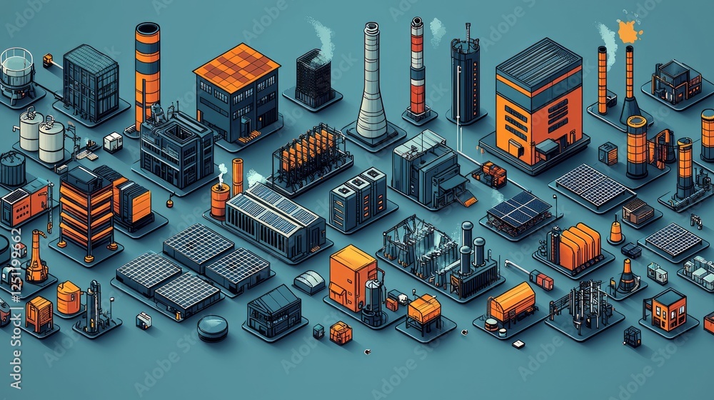 Poster isometric industrial complex, various buildings and infrastructure. possible use presentation graphi