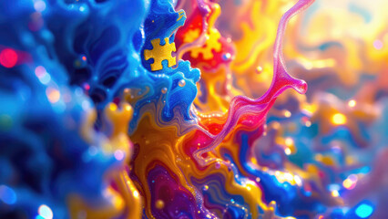 Vibrant colorful abstract puzzle piece in fluid artistic background
