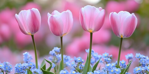 Fototapeta premium Pink Tulips and Blue Blossoms in Springtime Garden, with Pastel Background and Natural Lighting
