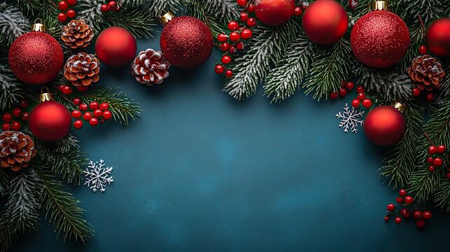 Express your joy with this image idea overhead view of vibrant baubles, frosty pine, holly berries, and snowflake decor on a pastel blue surface, ready for your personalized message.