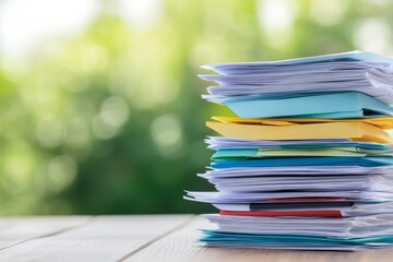 Stack of Papers on Wooden Table - A high stack of papers with colorful sticky notes sits on a wooden table against a blurred green background.
