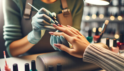 A nail artist performing a manicure on a woman's hands. Manicurist Performing Manicure On Client's Hand At Beauty Parlor. Beauty concept. 