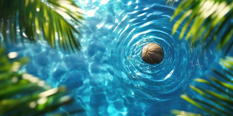 A serene water scene featuring a coconut in the center, surrounded by gentle ripples and lush green palm leaves.