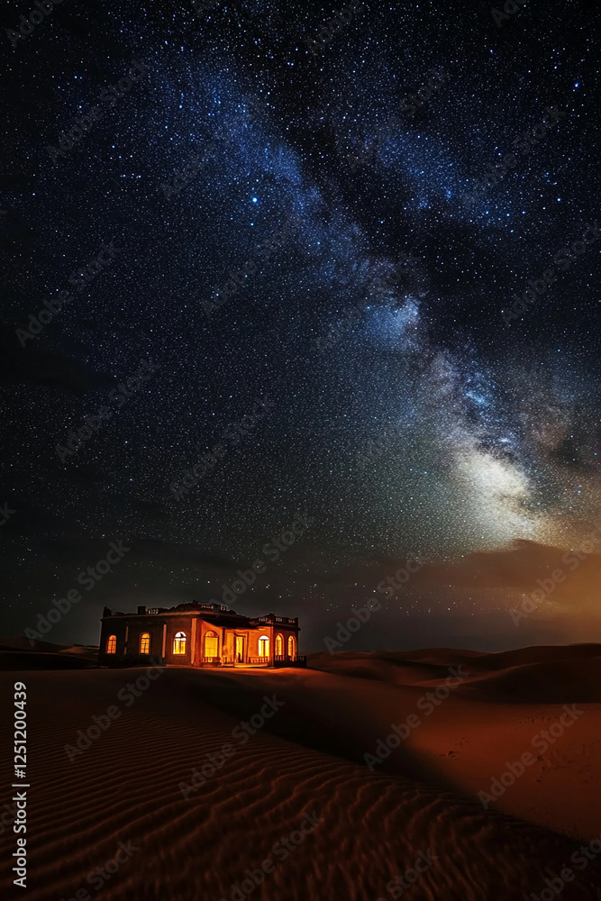 Poster A building in the desert illuminated at night with a starry sky and the Milky Way visible above, showcasing the contrast between the natural environment and human architecture.