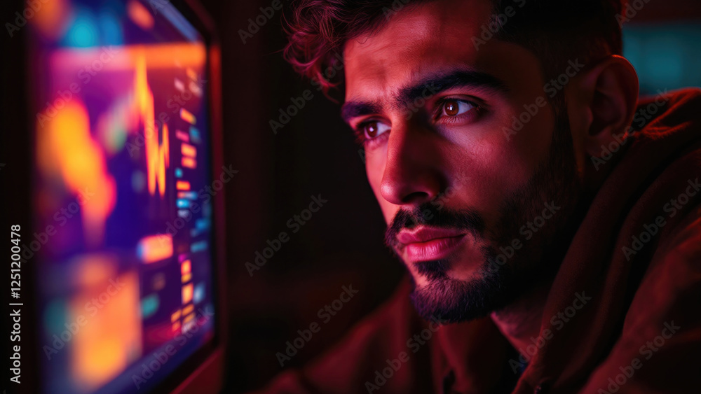 Poster young caucasian man analyzing data on computer screen in low light