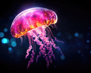 A vibrant, glowing jellyfish floats gracefully in dark waters, showcasing its colorful tentacles and ethereal beauty.