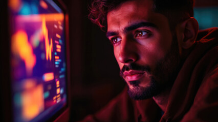 Young caucasian man analyzing data on computer screen in low light
