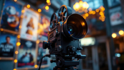 Fototapeta premium Vintage film camera against blurred movie posters in cinematic setting