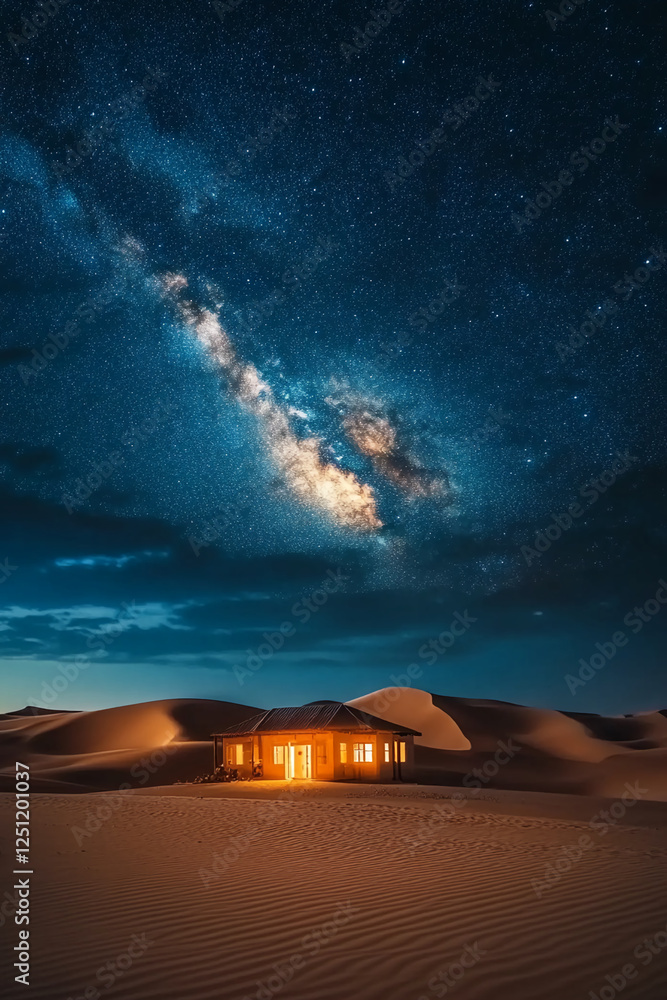 Poster a house in the desert illuminated by light at night with a view of the milky way above, showcasing t