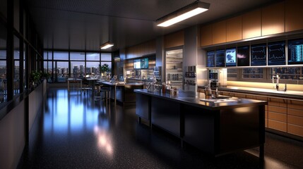Modern city lab at night, research, experiments, city view