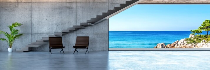 Fototapeta premium Coastal Concrete Living Room View - Modern minimalist interior design, concrete walls, floating staircase, ocean view, tranquil atmosphere. Symbolizes serenity, luxury, escape, modern architecture