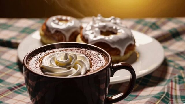 A steaming mug of hot chocolate sits beside a plate of fluffy cinnamon rolls on a cozy tablecloth. Soft ambient lighting enhances the rich textures, while elegant scripted text above evokes warmth