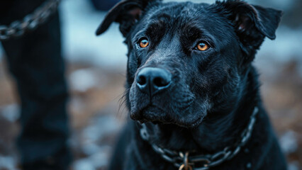Obraz premium Close-up of black dog with chain collar and amber eyes in outdoor setting