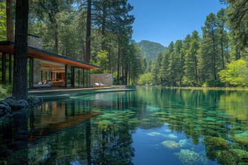 Obraz premium Lakeside retreat with infinity pool nestled in a tranquil forest setting, perfect for relaxation