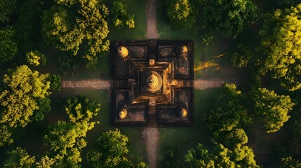 Aerial view of a cozy campsite, surrounded by lush greenery, flickering campfire in center, perfect for outdoor adventures.