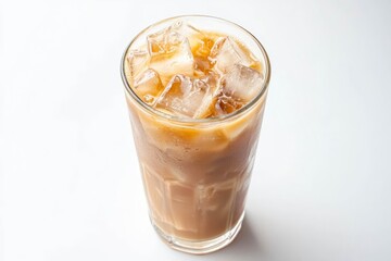 Iced green tea latte in a glass on white background.