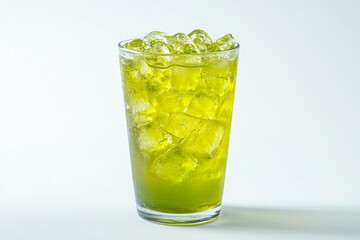 Iced green tea latte in a glass on white background.