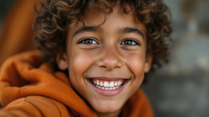 Young hispanic boy smiling in orange hoodie outdoors