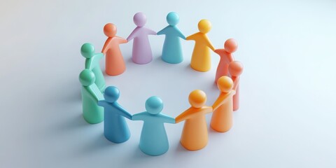 teamwork and unity collaboration 3D concept. Colorful figures holding hands in a circle on a light background.