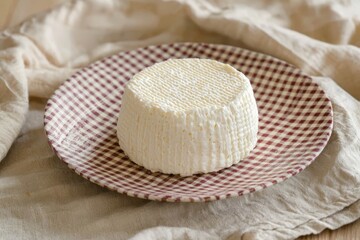 Plate of fresh cottage cheese on checkered dishtowel.
