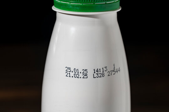 White plastic bottle of milk product with an expiration date. Dairy product , closeup. The concept of food security