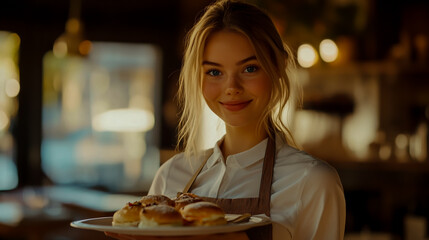 A young blonde waitress with blue eyes, holding a platter of food in a restaurant, smiling at the camera