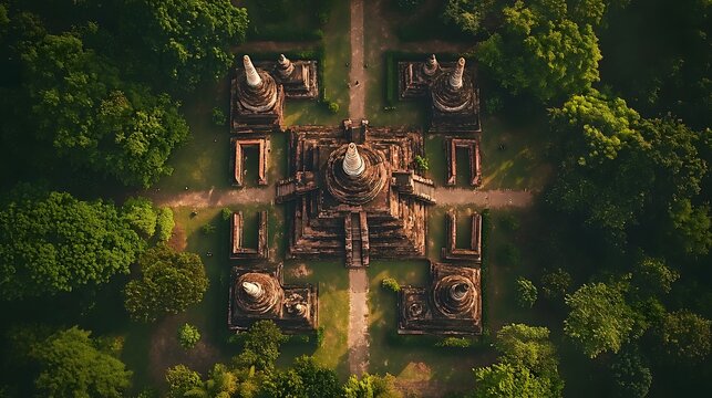 Scenic aerial view of a tranquil forest clearing, group of friends sharing stories around a campfire, nature gathering vibe. - Powered by Adobe