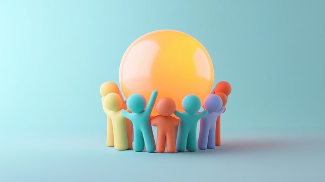 teamwork and unity collaboration 3D concept. Colorful figures surrounding a glowing sphere on a pastel background.