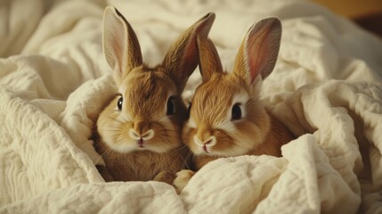 Obraz premium Two baby bunnies on a bed with soft pillows