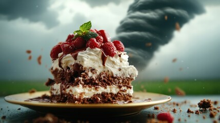 An intricately layered cake highlights a tornado swirling vigorously behind it, illustrating the juxtaposition of human creativity and nature's untamed beauty in one frame.