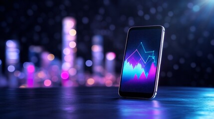 Mobile Phone Showing Stock Market Graph - Smartphone displaying vibrant stock market graph against a blurred city night background.  Modern technology and finance concept.