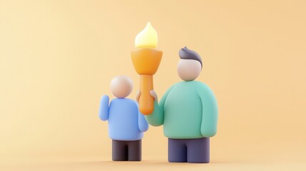 teamwork and unity collaboration 3D concept. Two cartoon figures holding a paintbrush against a warm background.