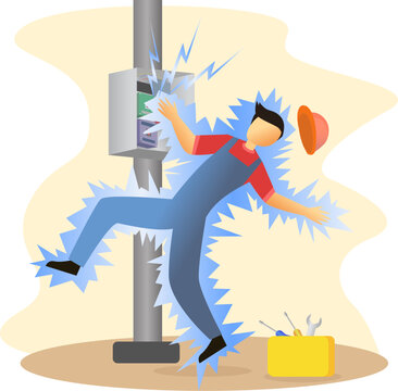 worker electrocuted while repairing a power pole illustration, accident at work, hazard job, industrial safety concept