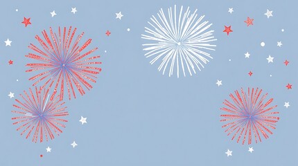Red and white fireworks on blue background.