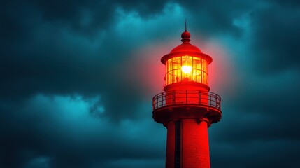 Red Lighthouse Shining Brightly Under a Dark Cloudy Sky
