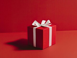 Fototapeta premium A red gift box with a white ribbon, isolated on a clear background, in high-resolution photography. 