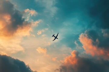 Fototapeta premium Airplane Flying Through Colorful Sunset Sky with Dramatic Clouds Above and Below