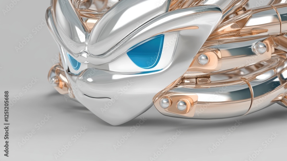 Poster a stylized metallic character head with intricate design and shiny finish.
