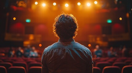 Fototapeta premium Actor performing on a theater stage under dramatic spotlights with a blurred audience in the